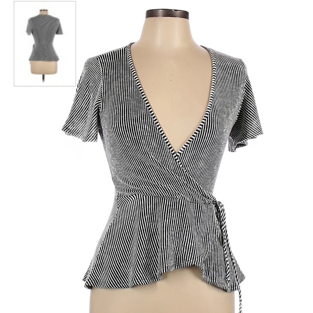 Caution To The Wind Striped Faux Wrap Peplum Top Flowly Ruffle Classic Women Med